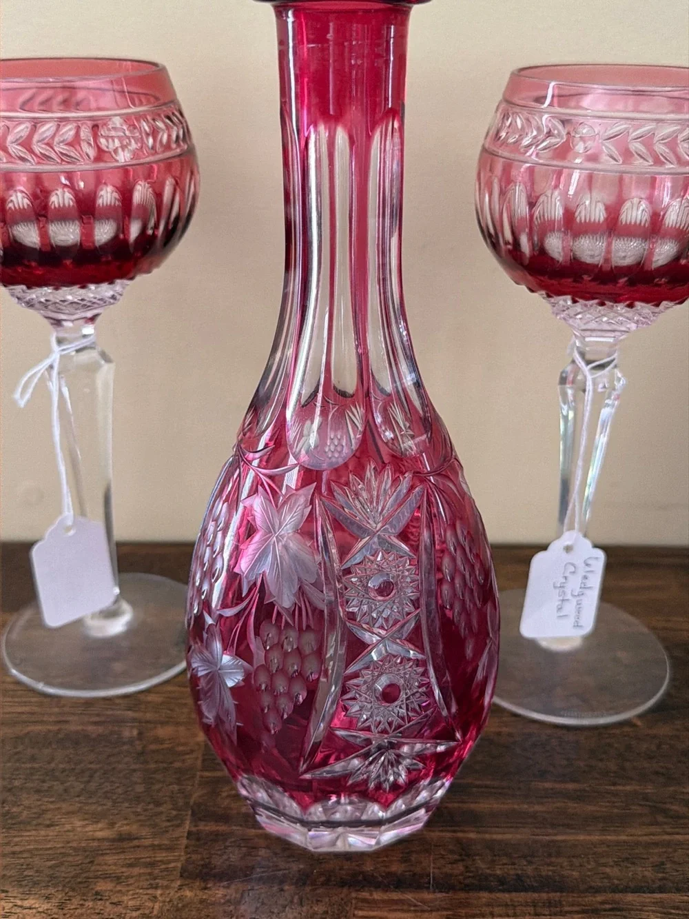 Wedgwood Cut-to-Clear Ruby Red Glass Decanter with matching Goblets